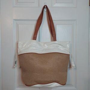 Emilie M White Tan Woven Faux Leather Cinch Tote Shoulder Bag Beachy Coastal